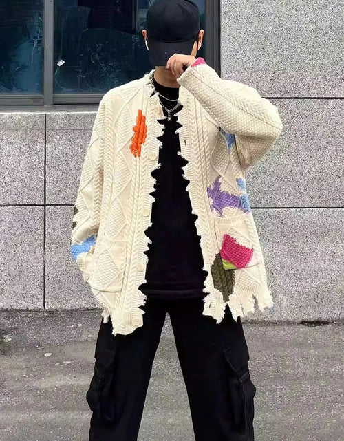 Load image into Gallery viewer, Men&#39;s Sweater Graffiti Contrast Color Ripped Casual Knit Sweater Autumn Fashion Streetwear Versatile Long-Sleeved
