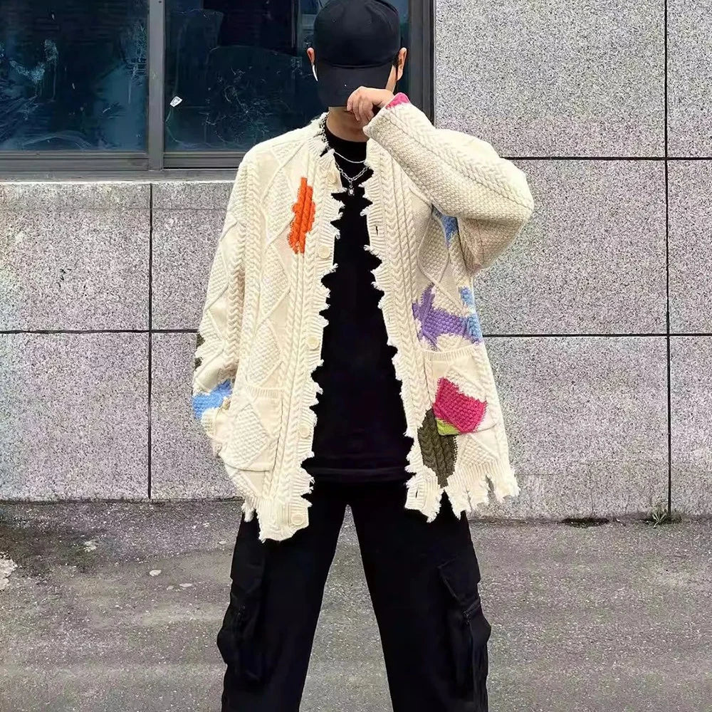 Men's Sweater Graffiti Contrast Color Ripped Casual Knit Sweater Autumn Fashion Streetwear Versatile Long-Sleeved