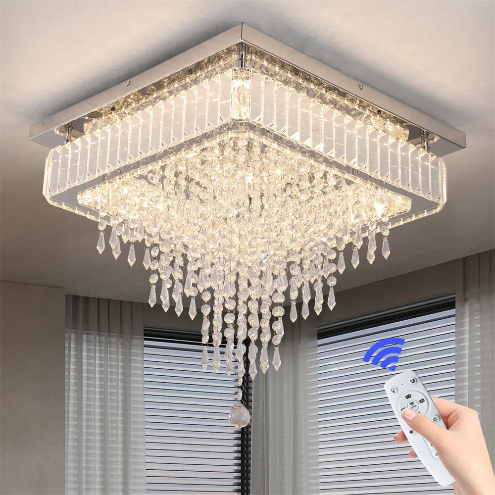 Luxury Crystal Square Bright Led Chandelier Modern Pendant Light Ceiling Lamp Dimmable Flush Mount Bedroom Dinning Living Room