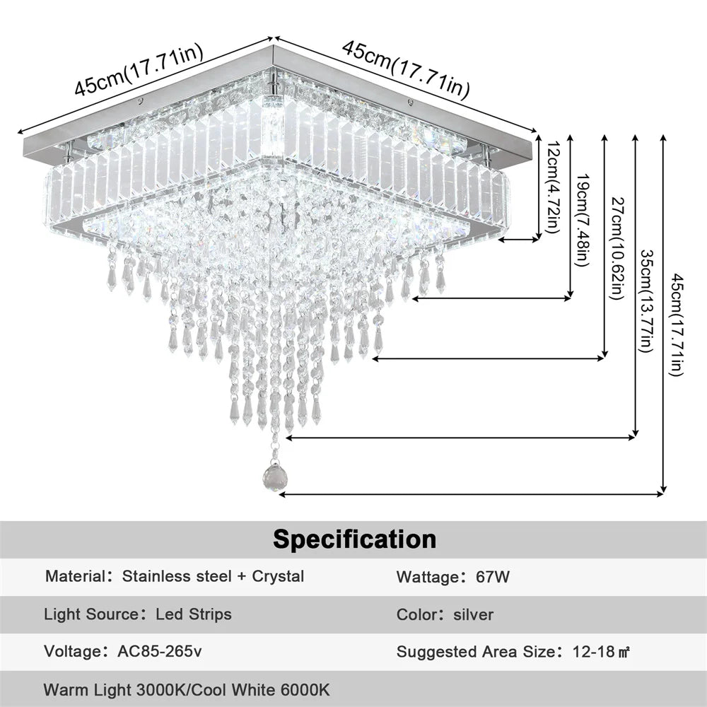 Luxury Crystal Square Bright Led Chandelier Modern Pendant Light Ceiling Lamp Dimmable Flush Mount Bedroom Dinning Living Room