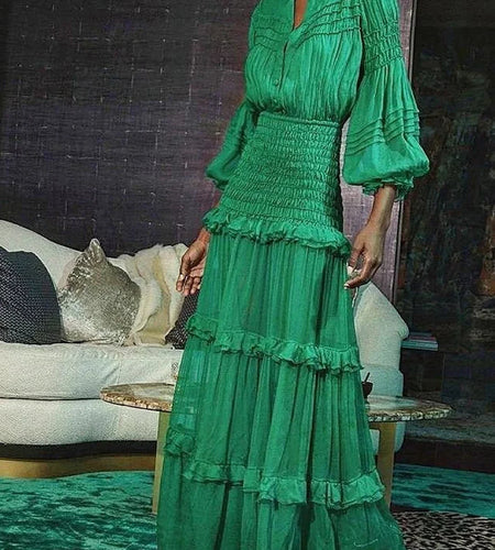 Elegant Long Dress Women Spring  Stand Collar Lantern Sleeve Dress Female Ruffle Tiered Maxi Dress  2025