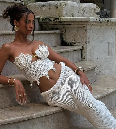 Crochet Knitted Pearl Bra Skirt Set ,Backless Hollow Out Short Top Twists Long Skirt