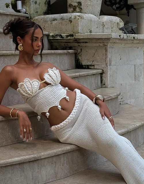 Load image into Gallery viewer, Crochet Knitted Pearl Bra Skirt Set ,Backless Hollow Out Short Top Twists Long Skirt
