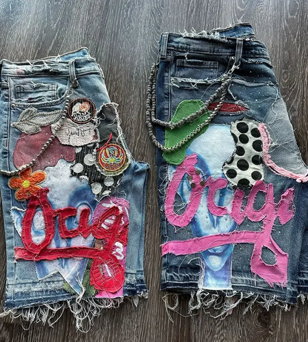 Skull Letter Pattern Patchwork Shorts Men Streetwear Pants Hip Hop Fashion Denim Shorts