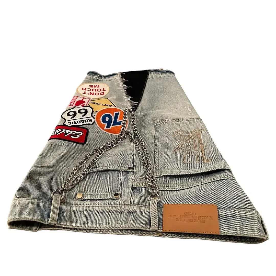 Y2K Men Hop Cartoon Graphics Loose Camo and Denim Casual Shorts
