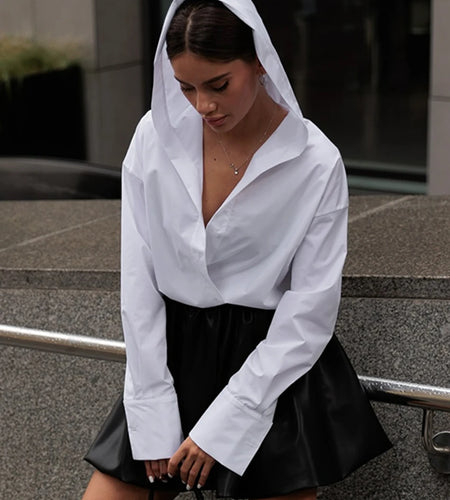 Fashion Loose White Cotton Women's Shirt 2025 Elegant Hooded Long Sleeve Blouses