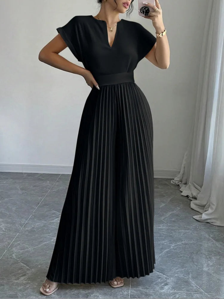 Jumpsuit Woman Pleated Jumpsuits New Casual V-Neck Loose Split-Joint Elegant One Pieces Pants Suit