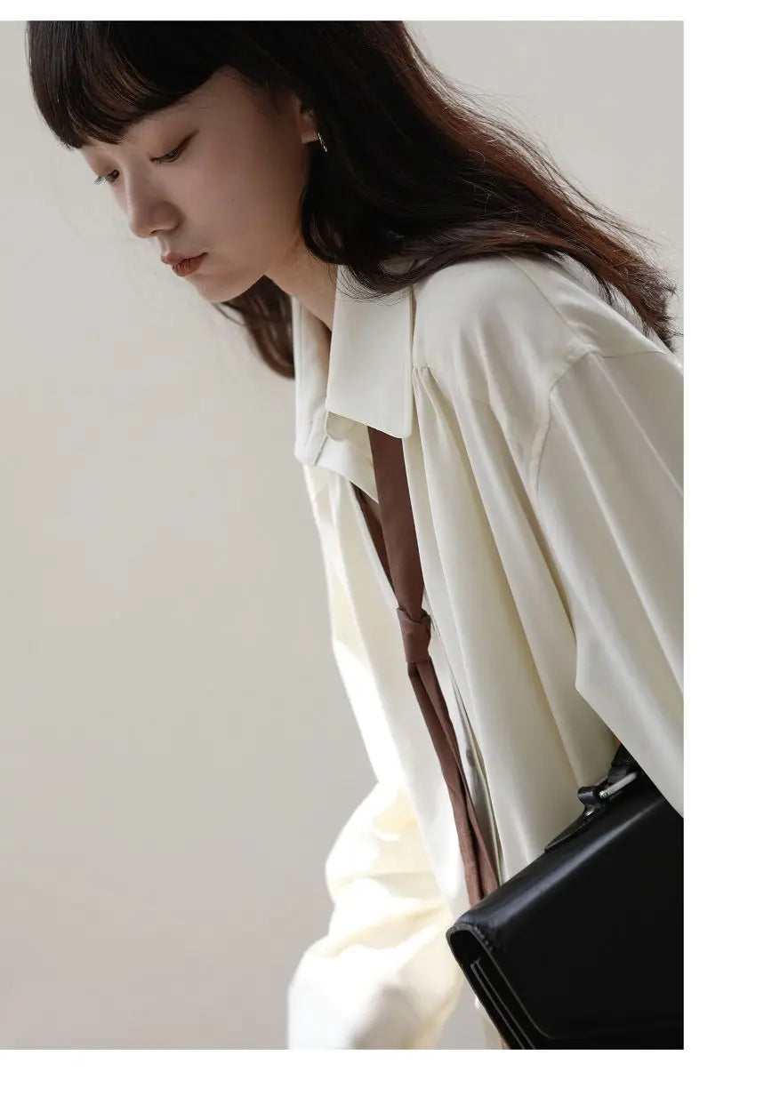 2025 Spring Long Sleeve Button Up Shirt Solid Tie Oversize Shirts Blouse