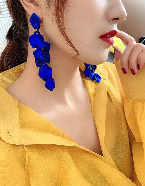 Load image into Gallery viewer, Bohemian Rose Petal Earrings Flower Red Yellow Blue Colors Flower Drop Earrings
