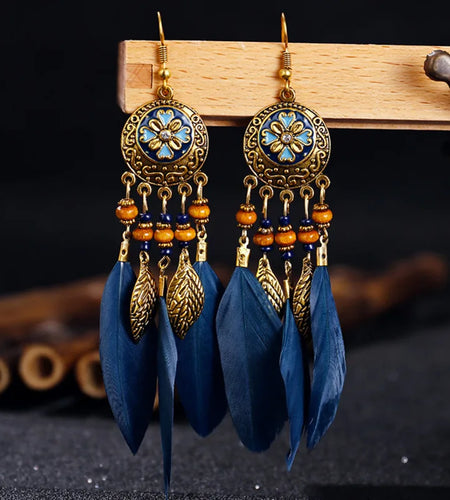 Bohemian Vintage Jewelry For Women 2024 Trendy Carved Leaf Feather Tassel Long Earrings