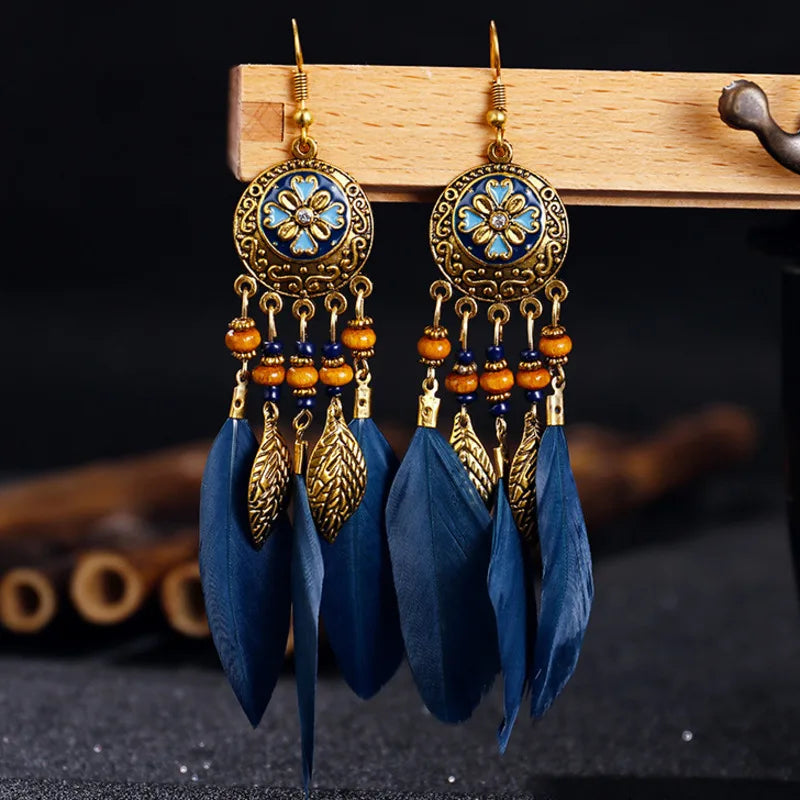 Bohemian Vintage Jewelry For Women 2024 Trendy Carved Leaf Feather Tassel Long Earrings