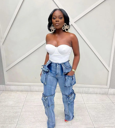 Vintage Washed Distressed Women Jeans Ankle Length Spliced Cargo Pants Denim Pockets High Waist Streetwear Loose Fit