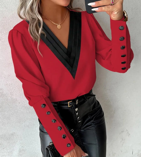 Elegant Women's V-neck Pullover Shirt Solid Color Contrasting Loose Long Sleeve Button