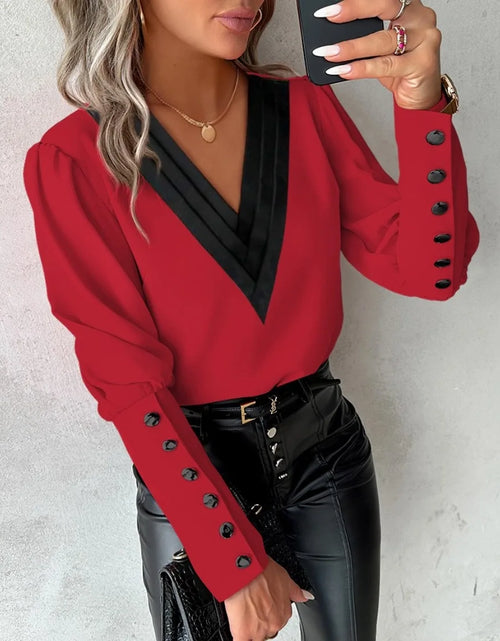 Load image into Gallery viewer, Elegant Women&#39;s V-neck Pullover Shirt Solid Color Contrasting Loose Long Sleeve Button
