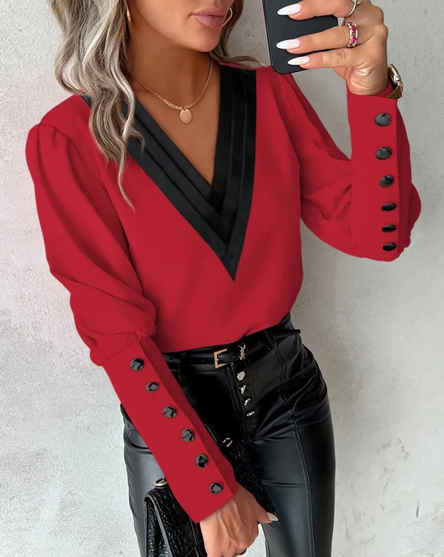 Elegant Women's V-neck Pullover Shirt Solid Color Contrasting Loose Long Sleeve Button
