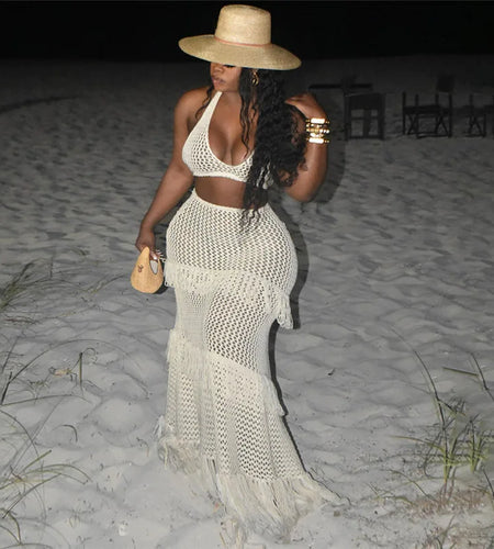 Knitted Crochet 2 Piece Skirt Sets Sexy Ruffle Elegant Fringe Tassel Dress Summer Outfits Crop Top Two Piece Skirt Sets