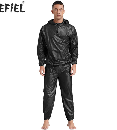 Mens Sports Outfits Sauna Sweat Sets Long Sleeve Hooded Jacket Outerwear and Long Pants PVC Sweating Suit for Gym Workout Yoga