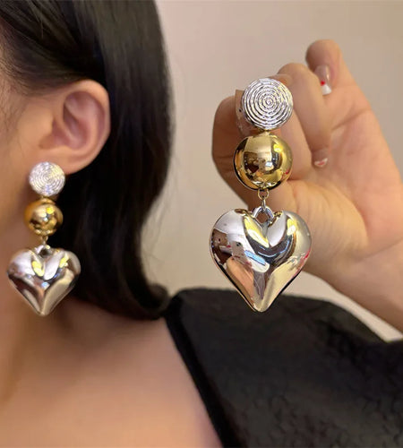 Heart Shape Metal Pendant Fashion Stud Earrings Silver and Gold Colored