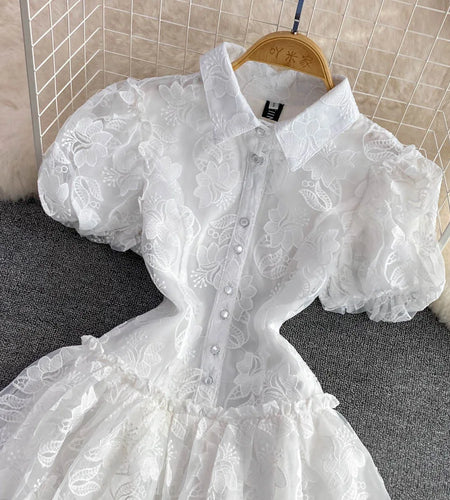 Women's Vintage Lace Gown Mini Dress Turn down Collar Puff Sleeve Single Breasted Elegant above Knee Elegant Office Lady Dress