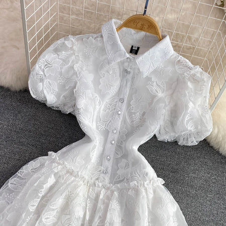 Women's Vintage Lace Gown Mini Dress Turn down Collar Puff Sleeve Single Breasted Elegant above Knee Elegant Office Lady Dress