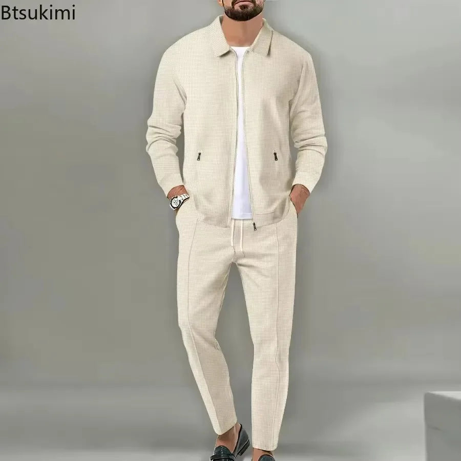 2025 Men's Casual Waffle Two Piece Pants Sets Loose