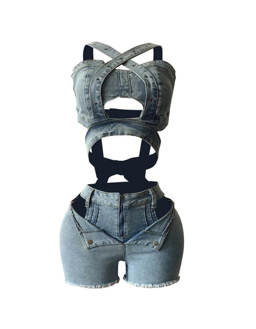 Load image into Gallery viewer, Sexy Jean Women Short Sets Straps Denim Crop Top and Cut Out Shorts Set 2025 Summer Clothes Streetwear Two 2 Piece  Outfits
