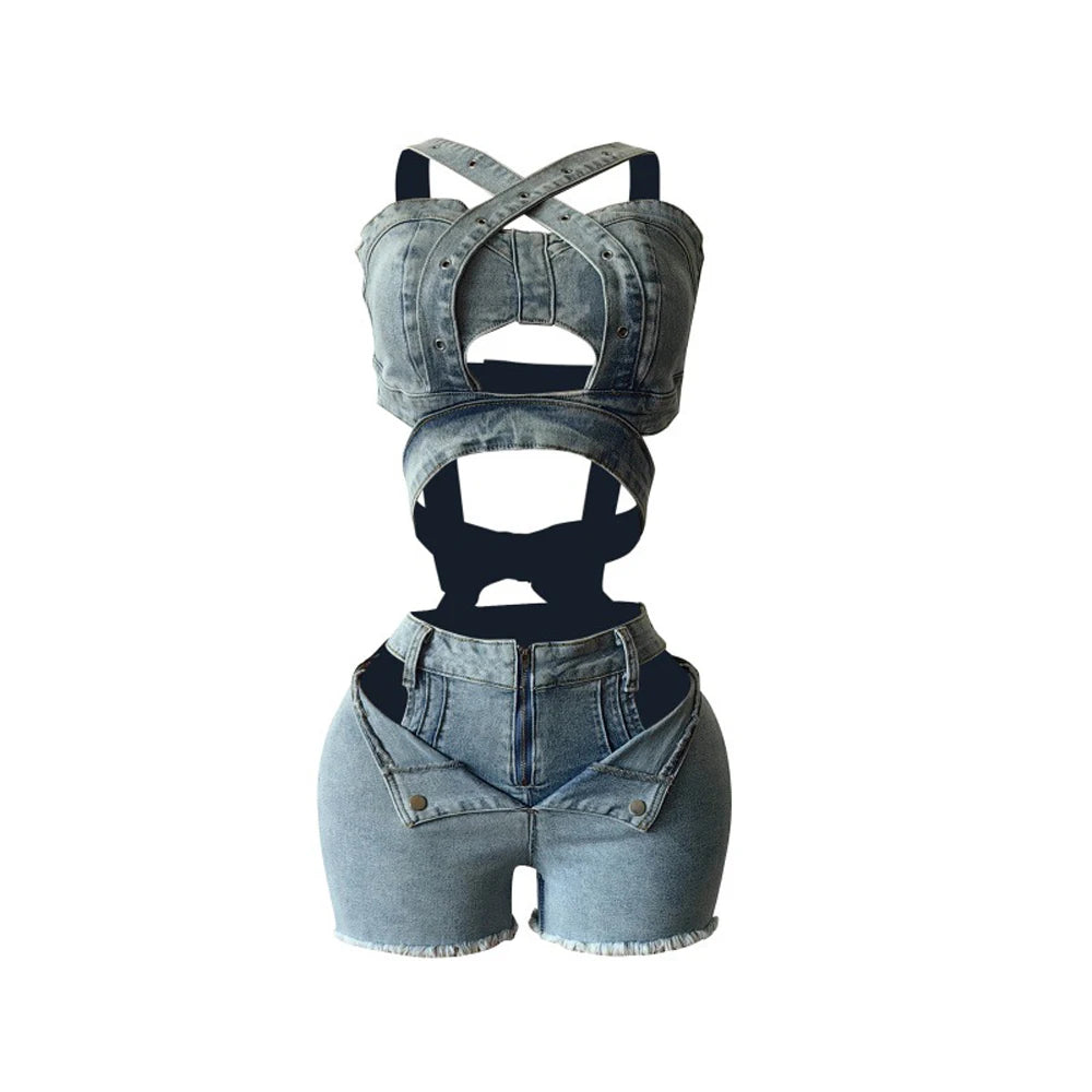 Sexy Jean Women Short Sets Straps Denim Crop Top and Cut Out Shorts Set 2025 Summer Clothes Streetwear Two 2 Piece  Outfits