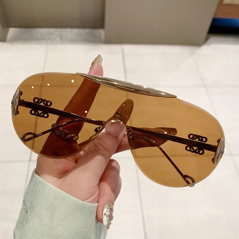 Women's Oversize Rimless One Piece Shield Sunglasses Gradient UV400 Fashion Alloy Frame Casual Shades Y2K Style