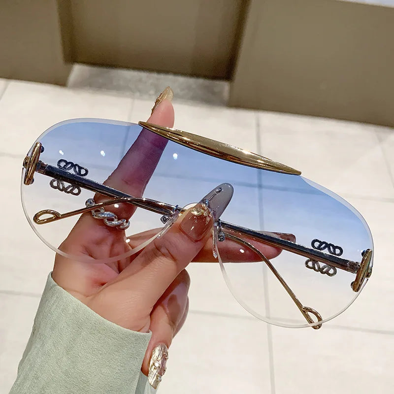 Women's Oversize Rimless One Piece Shield Sunglasses Gradient UV400 Fashion Alloy Frame Casual Shades Y2K Style