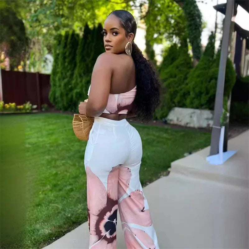 Floral Print Summer Two Piece Set Women Holiday One Shoulder Crop Top and Loose Wide Leg Pants