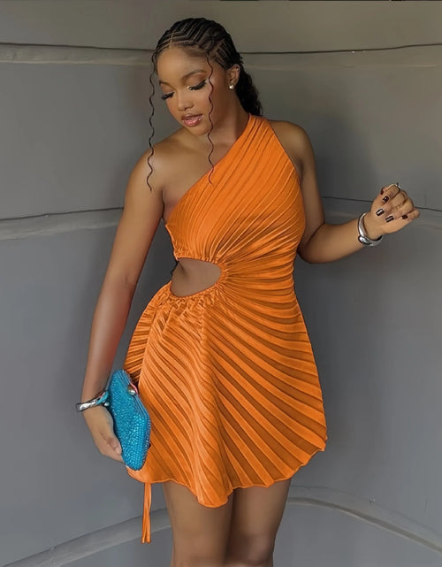 Load image into Gallery viewer, Women Pleated One Shoulder Sleeveless Cutout Waist Dress 2025 Evening Sexy Club Party Evening High Street Dresses
