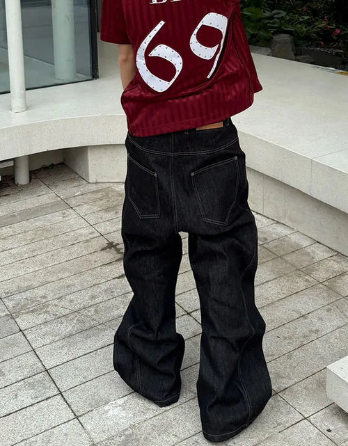 Load image into Gallery viewer, Men's High Street Buckle Curved Jeans Loose Straight Leg Black Wide Leg Casual Hip-Hop Pants Full Length Softener Mid-Waist
