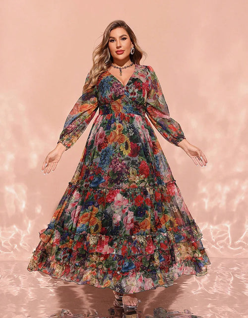 Load image into Gallery viewer, 2025 Plus Size Women&#39;s Floral Print V-Neck Lantern Sleeve Maxi Dresses
