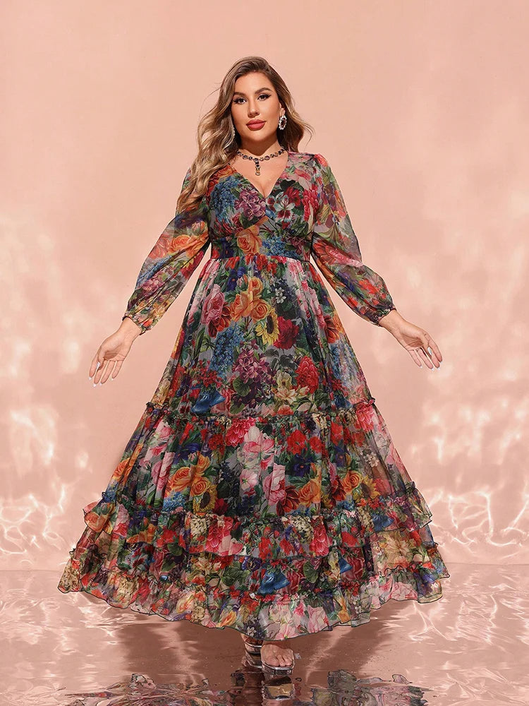 2025 Plus Size Women's Floral Print V-Neck Lantern Sleeve Maxi Dresses