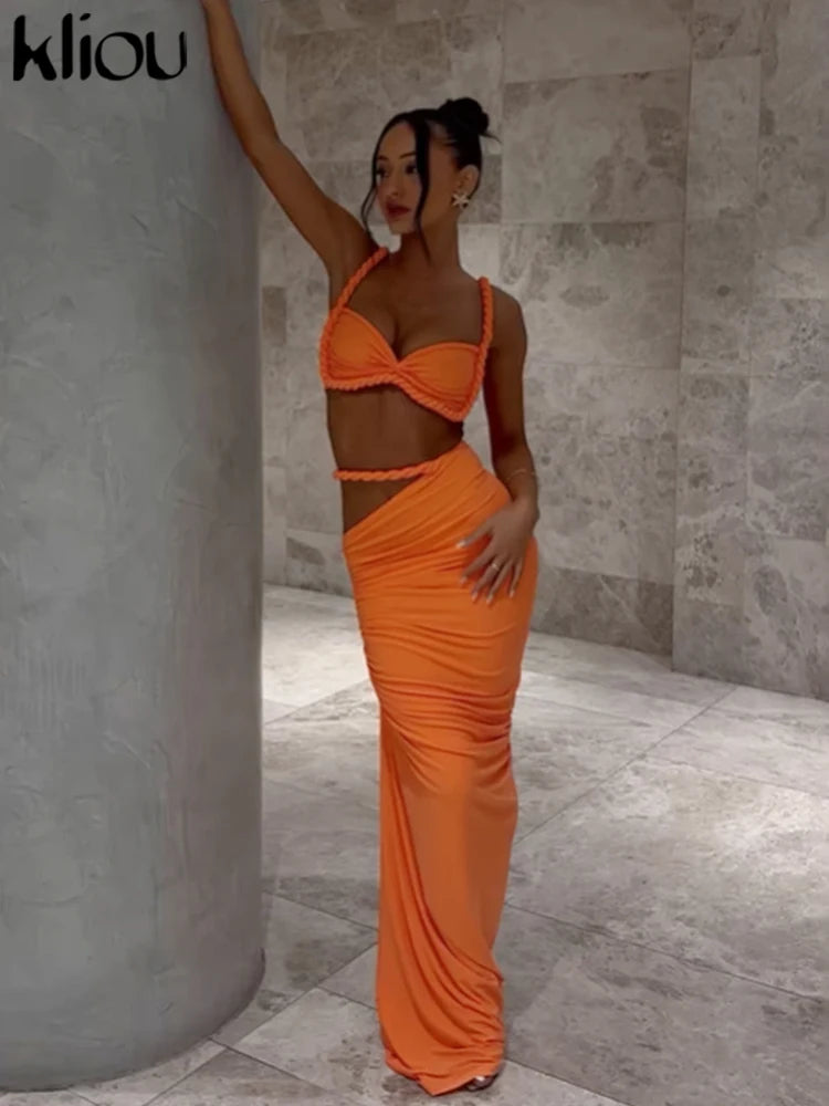 Woven Sexy Women 2 Piece Set Stunning Hot Solid Pleated Crop Camisoles High Waist Maxi Skirt