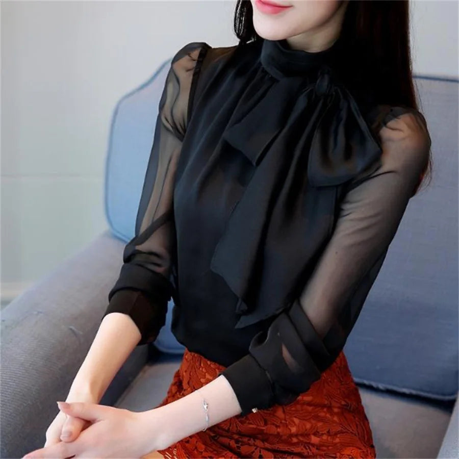Fashion Tunic Women's Blouse Long Sleeve Tie Bow Chiffon  Formal Shirt  Spring/Summer 2025