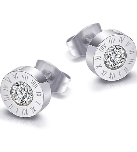 Fashion New Stainless Steel Acrylic Crystal Stud Jewelry Vintage Roman Numerals Small Earring
