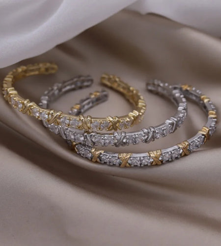 Elegant Women's Two-Color Gold , Silver and Multi Gold and silver Letter X Bracelet Fashionable French Design Accessory Cubic Zirconia Cuff