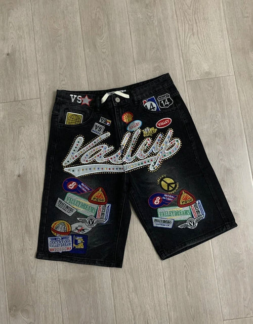 Load image into Gallery viewer, 2026 American VALLEY Embroidery Rhinestone Logo Patch Label Denim Shorts Men High Quality Loose Straight Short Jeans
