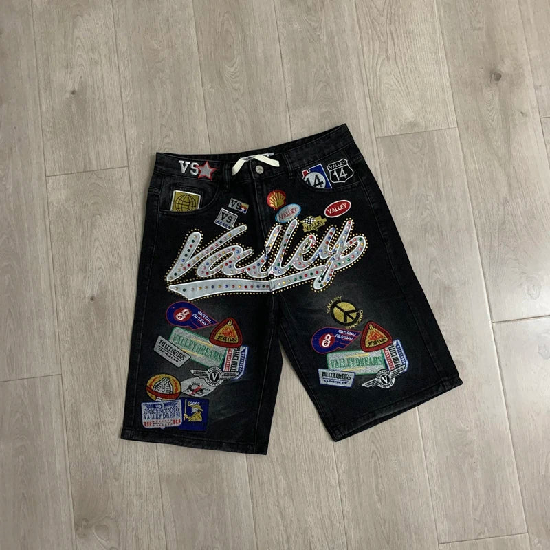 2026 American VALLEY Embroidery Rhinestone Logo Patch Label Denim Shorts Men High Quality Loose Straight Short Jeans