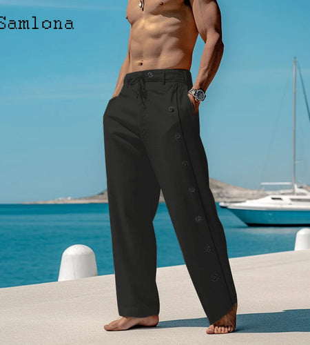 Men's Elegant Triple Button Cotton Linen Pants Solid Color Full-Length Casual Drawstring Sweatpants