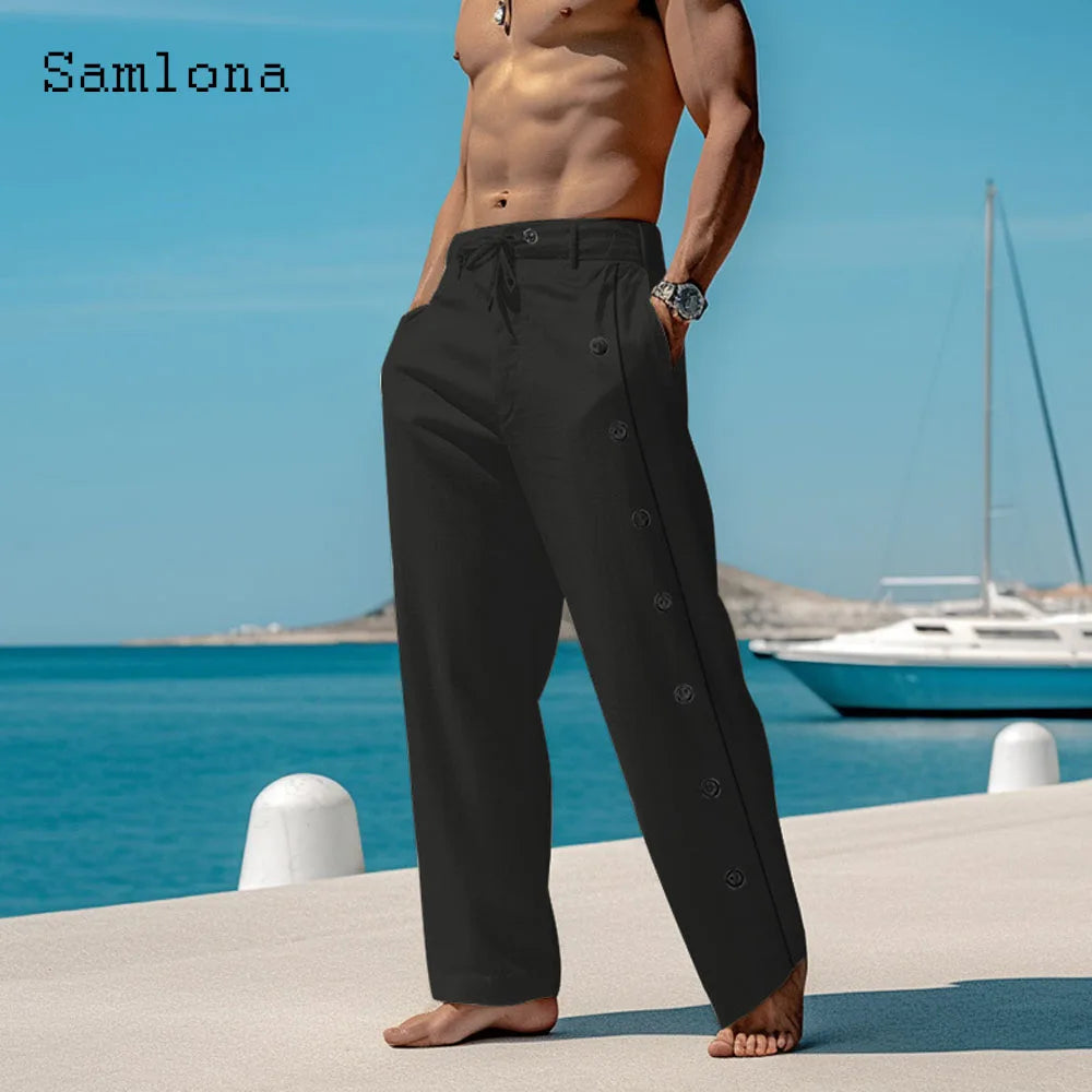 Men's Elegant Triple Button Cotton Linen Pants Solid Color Full-Length Casual Drawstring Sweatpants