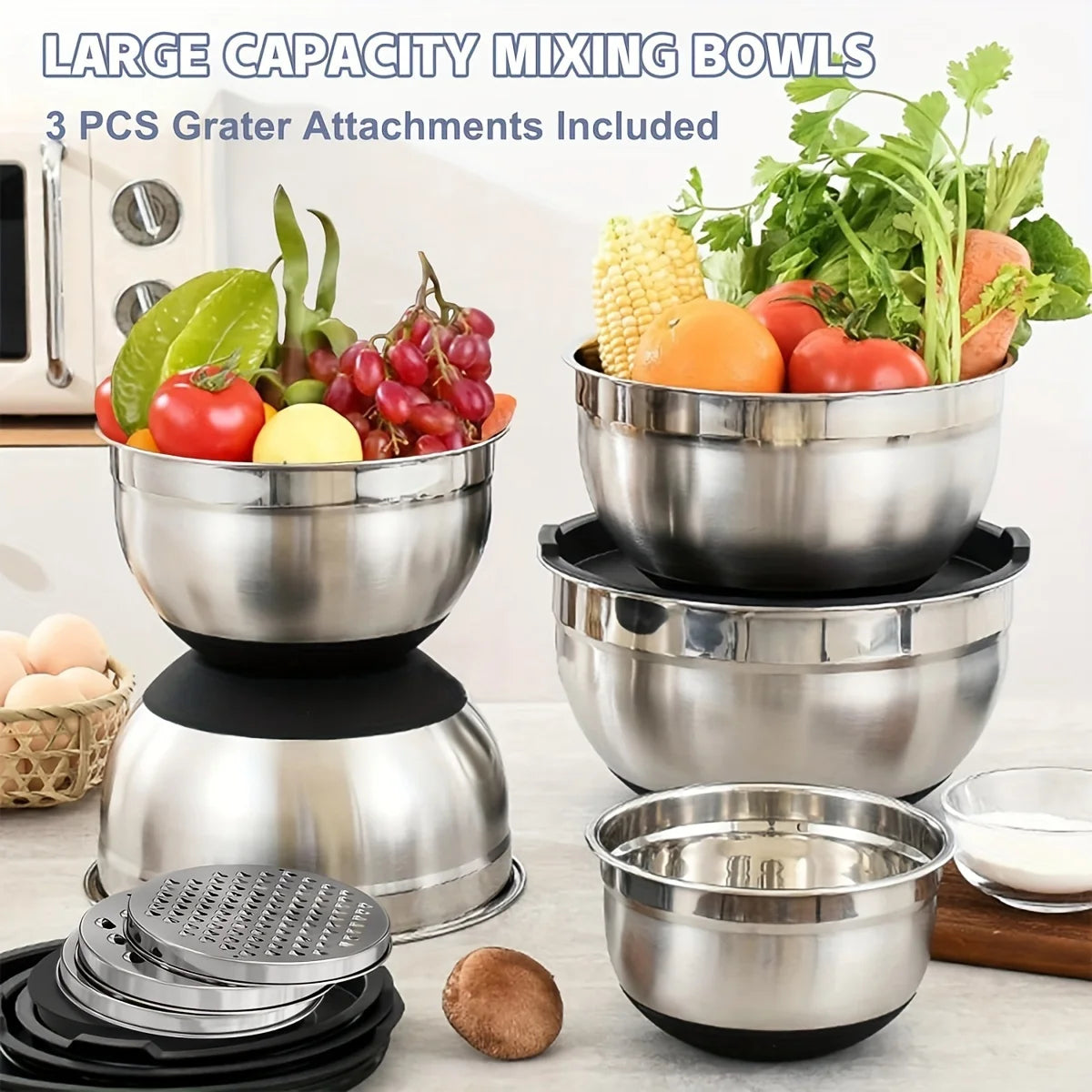 8pcs Mixing Bowls with Airtight Lids Stainless Steel Mixing Bowl Set, Attachments  Bottoms, Black Kitchen Bowls, Baking Serving