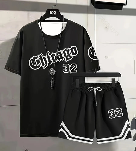 Summer Men's Chicago-Themed Relaxed Set Size 32 Printed T-Shirt and Shorts Set Sizes S-6XL
