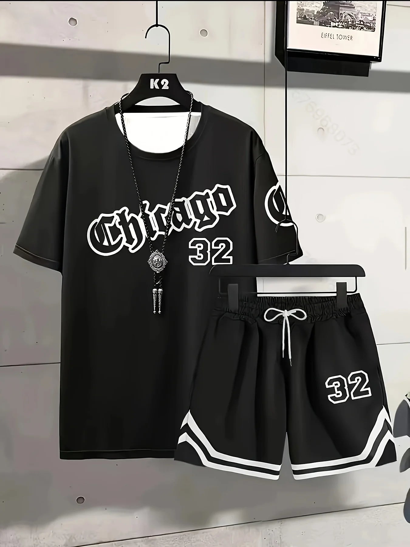 Summer Men's Chicago-Themed Relaxed Set Size 32 Printed T-Shirt and Shorts Set Sizes S-6XL