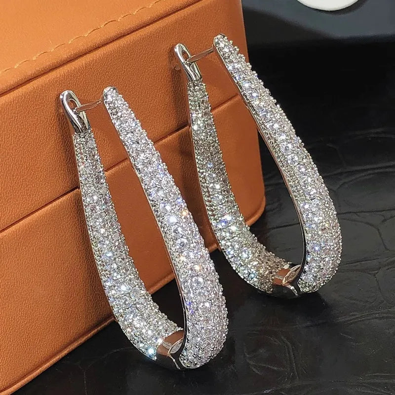 Gorgeous Silver Color Hoop Earrings Fashion Party Jewelry with Bright Zirconia Luxury