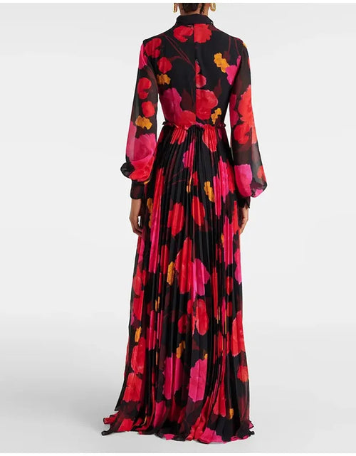 Load image into Gallery viewer, Women Elegant Flower Print Maxi Dress Fashion Lace-up Collar Long Lantern Sleeve
