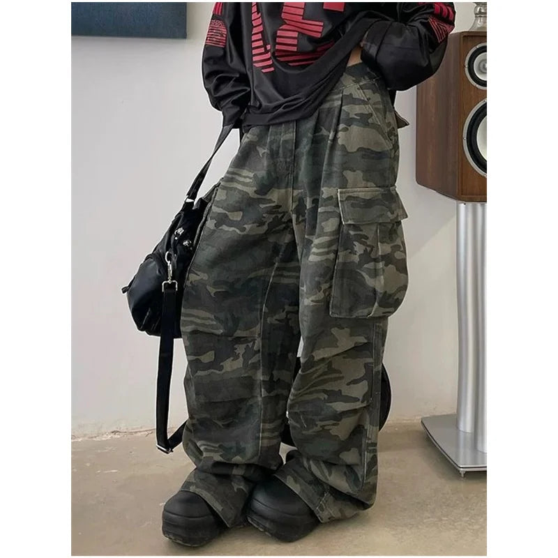 Military Green Women  Jeans High Waist Vintage  Baggy Wide Leg Denim Trouser