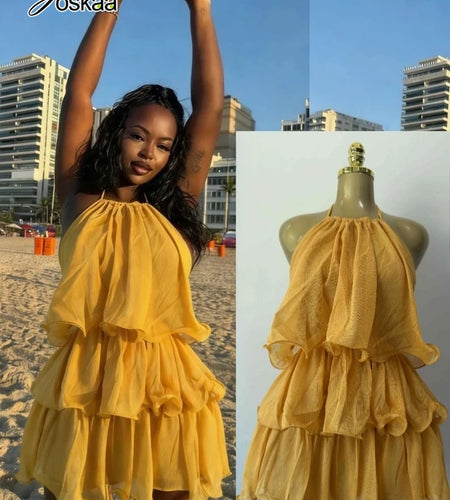 Women Summer Backless Yellow  Dress Sexy Halter  Ruffles Tiered Mini Beach Dress 2026