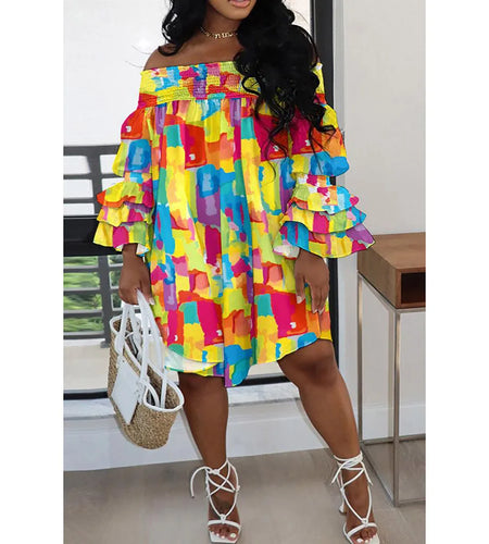 Plus Size Yellow Daily Pattern Print Ruffles Off The Shoulder Midi Dresses